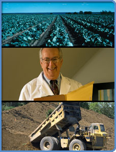Three pictures:  A crop field, a doctor and a dump truck.